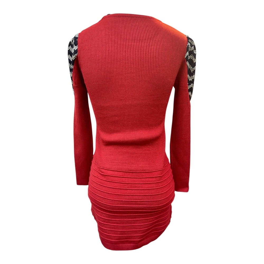 Red Ribbed Long Sleeve Knit Bodycon Mini Dress w/ Embellished Chevron Shoulders - Picture 5 of 6